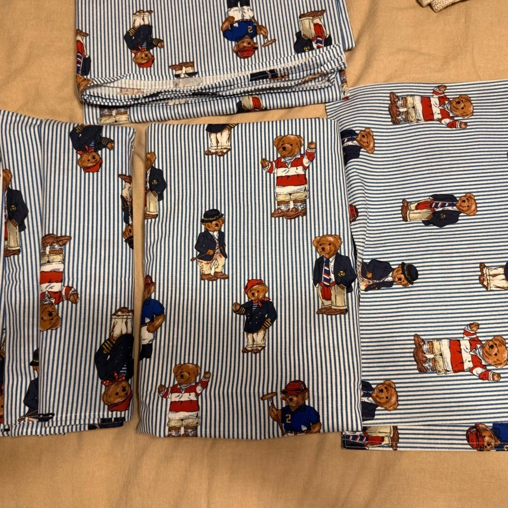 Ralph Lauren Blue and White Striped Teddy Bear Table Linens